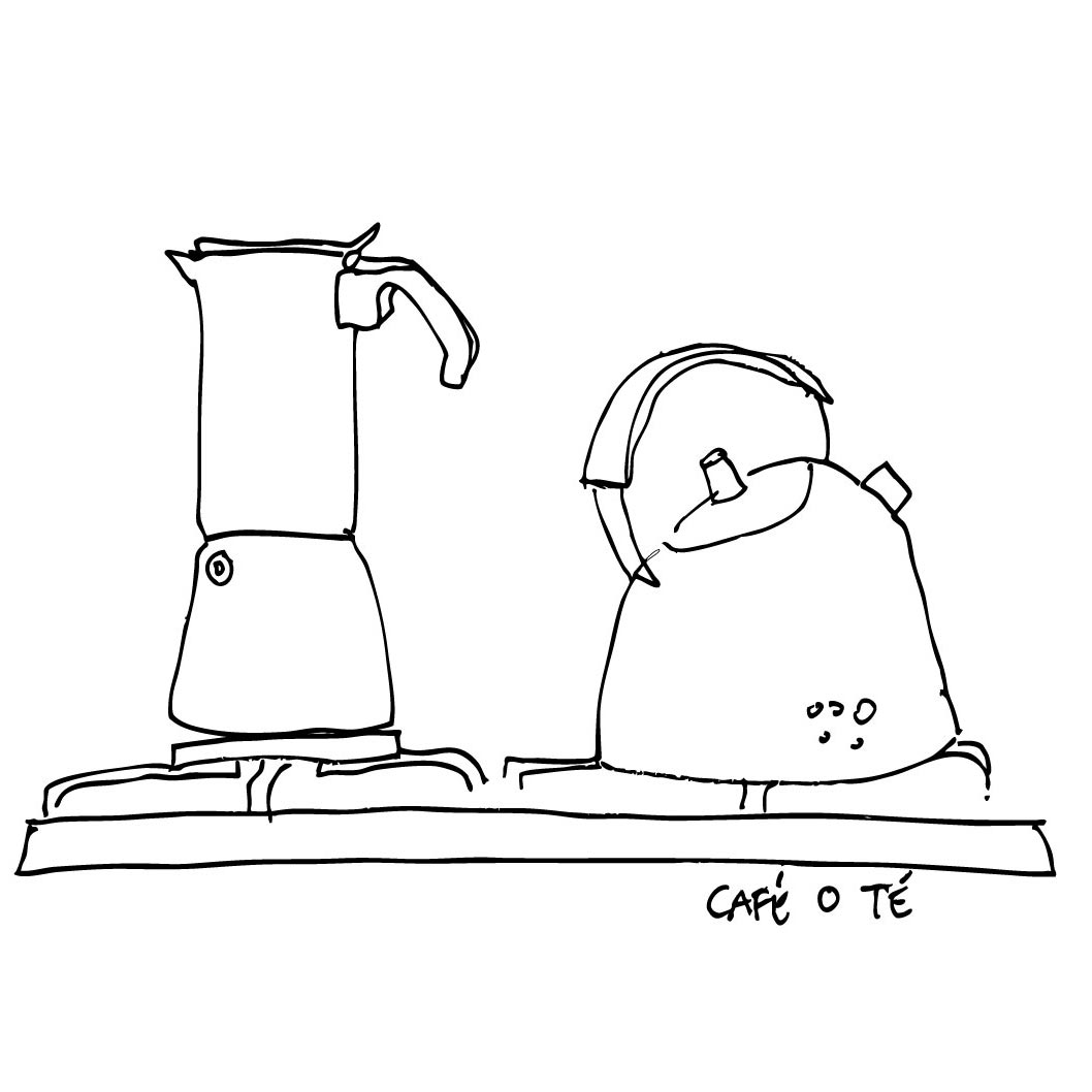 ilustración de una cafetera y una tetera en blanco y negro de Chloe Bordils