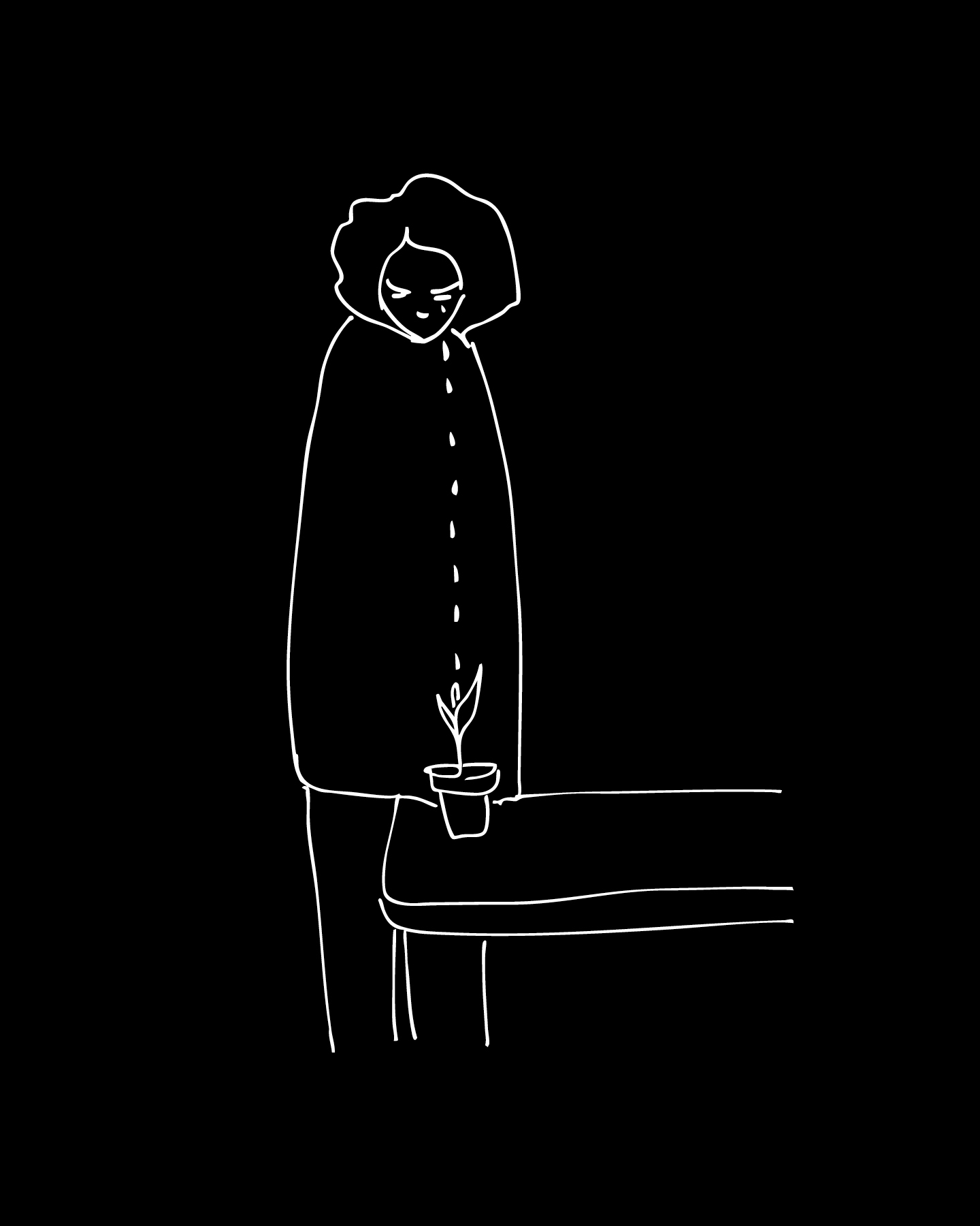 Ilustración minimalista en blanco sobre fondo negro de Chloe Bordils que representa la idea de que la sensibilidad es fertil