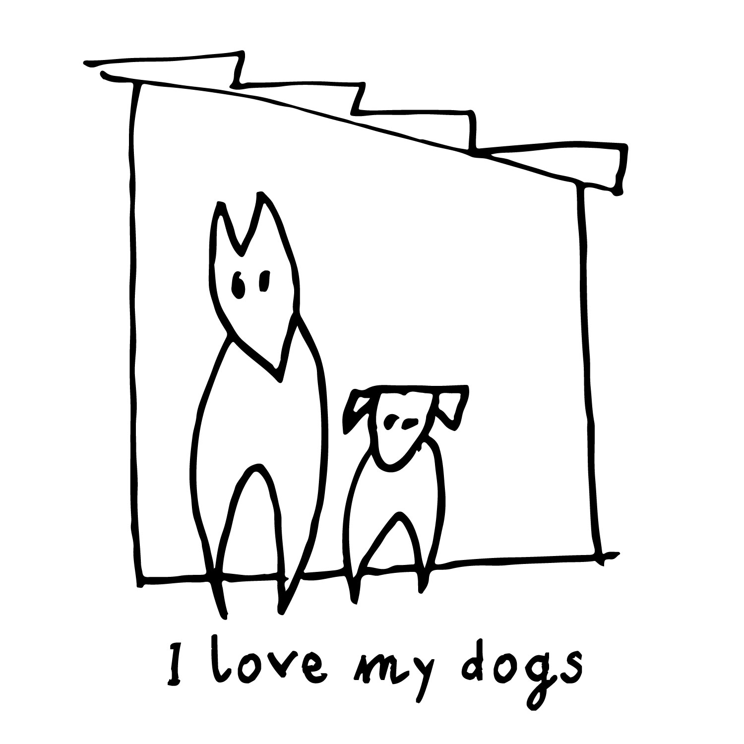 I_love_my_dogs ilustración de mascotas delante de su casita de perros de chloe bordils - portada de ilustración personalizada por encargo