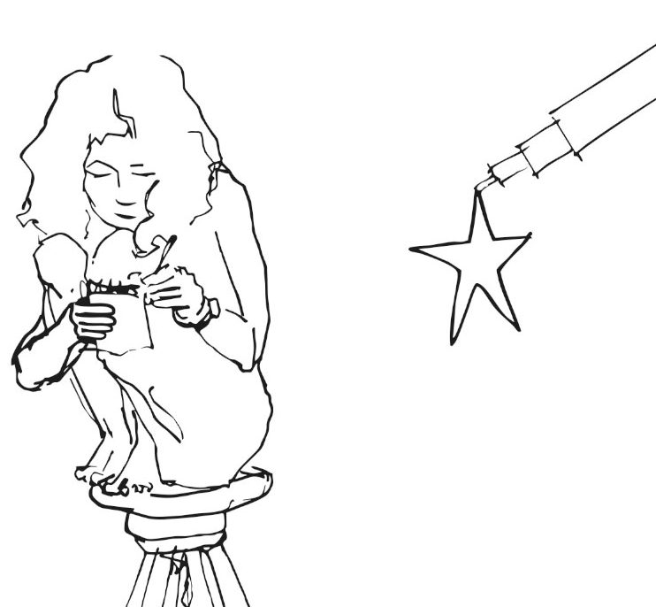 ilustración minimalista de chloe bordils, un autorretrato dibujando acurrucada sobre un taburete
